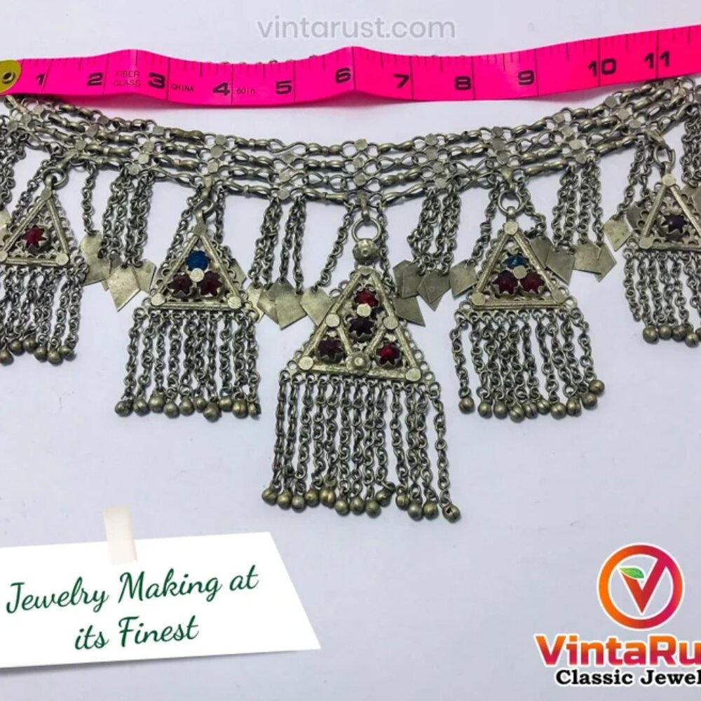 Vintage Dangling Five Pendant Handmade Necklace, Antique Silver Kuchi necklace - Picture 10 of 11